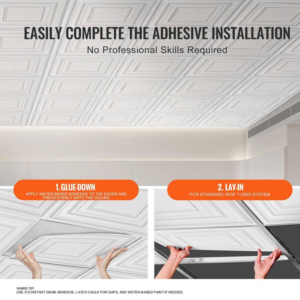SKYSHALO Drop Ceiling Tiles Premium PVC Sheet, White 2 ft. x 2 ft. Standard Ceiling Tile 48 sq. ft. 12-Pack, Easy Installation (3)