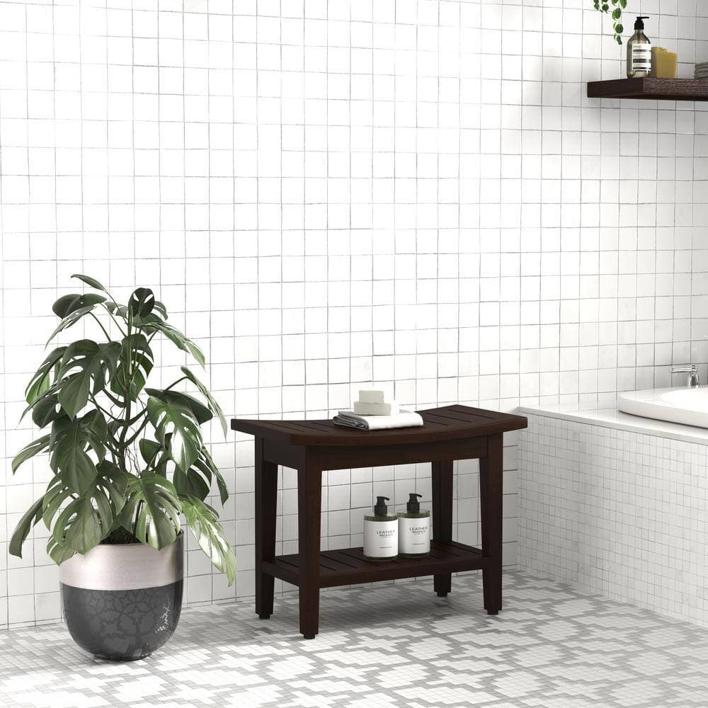 AquaTeak Patented 24 in. x 12 in. Maluku Mocha-Shield Freestanding Teak Shower Bench with Shelf Walk in Shower Seat (3)
