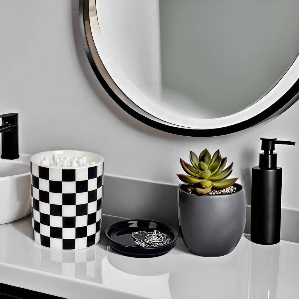 KHKFY Ceramic Cotton Swab Holder with Lid and Jewelry Ring Dish, Checkerboard Black and White Bathroom Qtip (2)