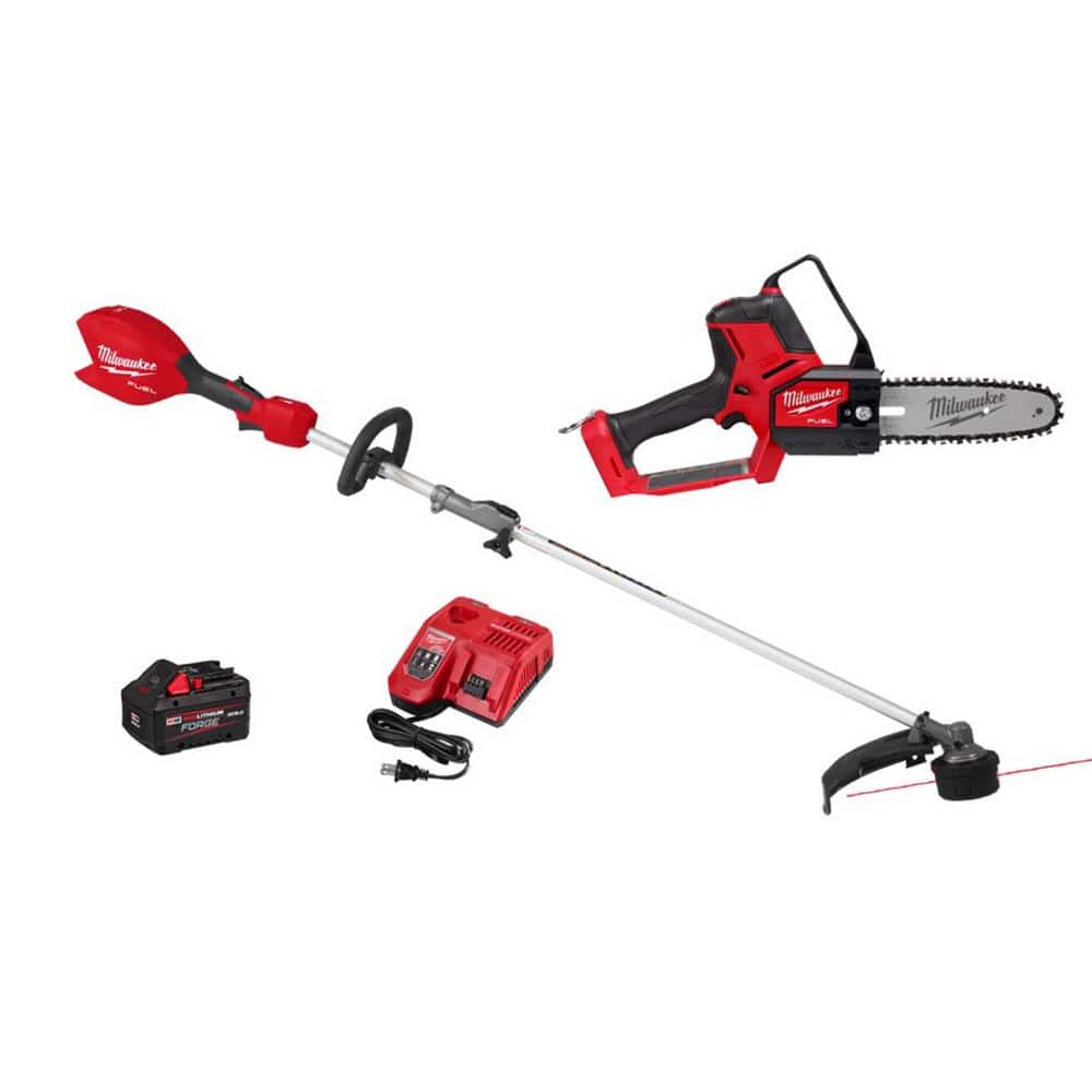 Milwaukee M18 FUEL 8 in. 18V Brushless Cordless Battery Mini Chainsaw HATCHET w/ QUIK-LOK String Trimmer, 8.0 Ah Battery, Charger