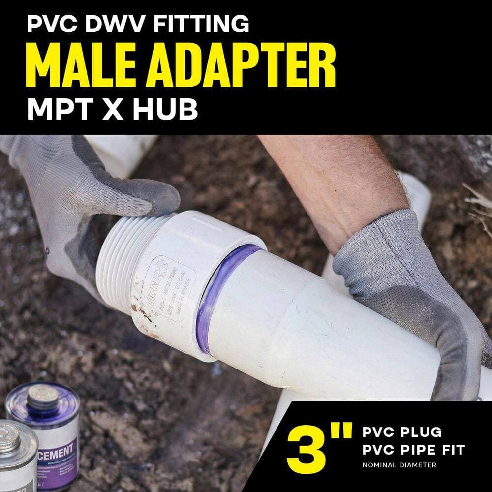 PLUMBFLEX 3 in. White Rigid PVC DWV Male Adapter, MPT x Hub Fitting for Drain, Waste & Vent Systems (25-Pack) (3)