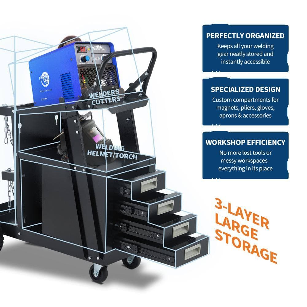 Unbranded Welder Cart with Drawers, Welding Cart with Tank Storage Safety Chains and Gas Cylinder Slots for TIG ARC Plasma Cutter (3)