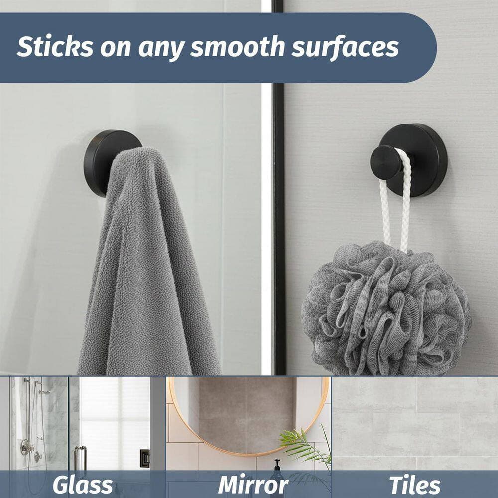 LAIFUCAM Suction Cup Shower Towel Hook in Black, Removable No-Drill Bath Accessory for Glass, Water-Resistant, 4-Pieces J-Hook (3)