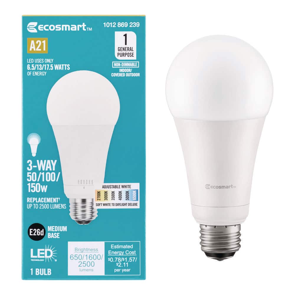 EcoSmart 50/100/150-Watt Equivalent 3-Way A21 Non-Dimmable LED Light Bulb Selectable Color Temperature (1-Pack) (2)