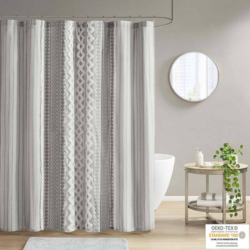Unbranded Shower Curtain 72 in. W x 72 in. L Cotton Shower Curtain In Gray for Bathroom, 100% Cotton, with Tufted Chenille Stripe (3)