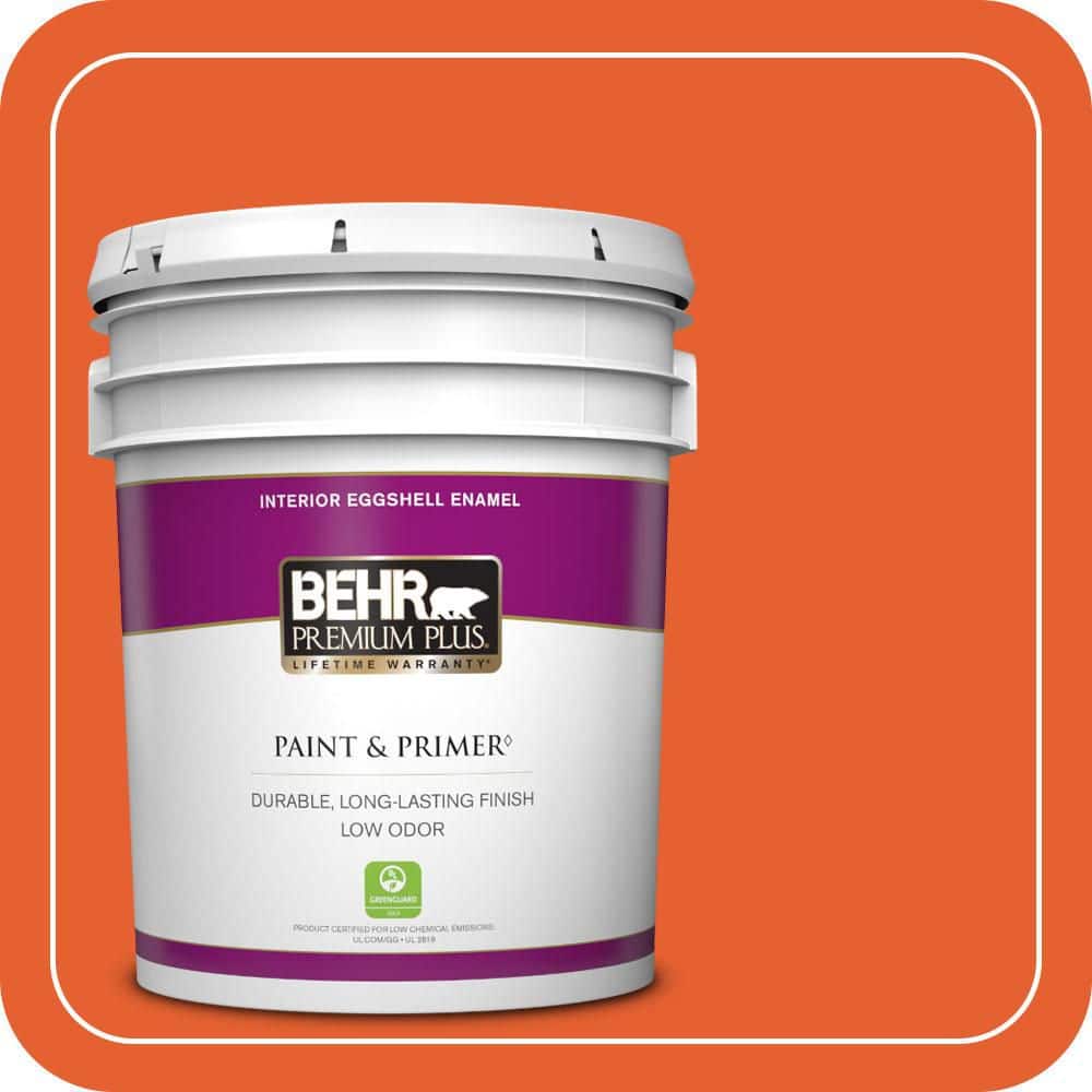 BEHR PREMIUM PLUS 5 gal. #S-G-230 Startling Orange Eggshell Enamel Low Odor Interior Paint & Primer