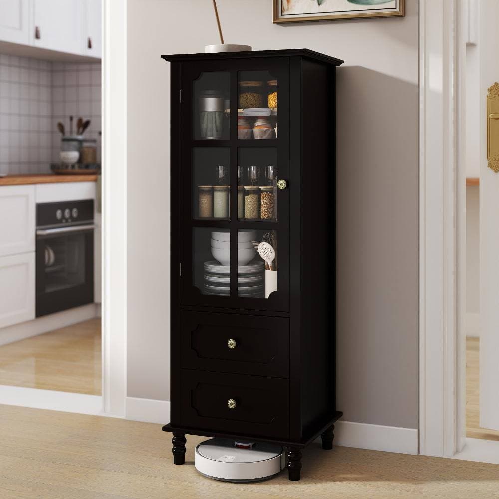 COWLOWN 19.68 in. W x 15.74 in. D x 52.36 in. H Black Linen Cabinet with Glass Doors and Double Drawer (2)