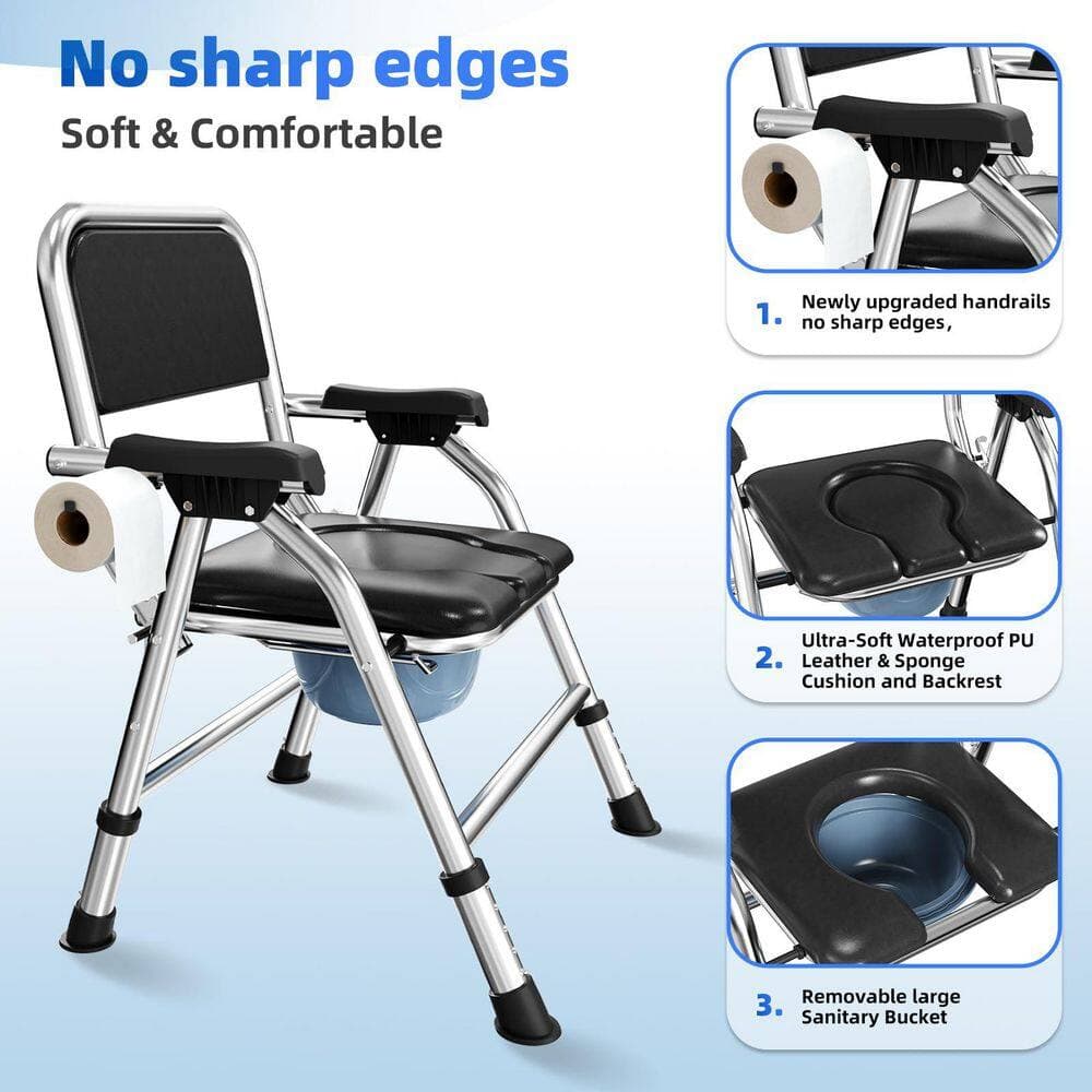 Wudkey Adjustable Height Folding 4-in-1 19.5"x17.5" Bedside Commode Toilet Seat with Arms and Back in Black (3)