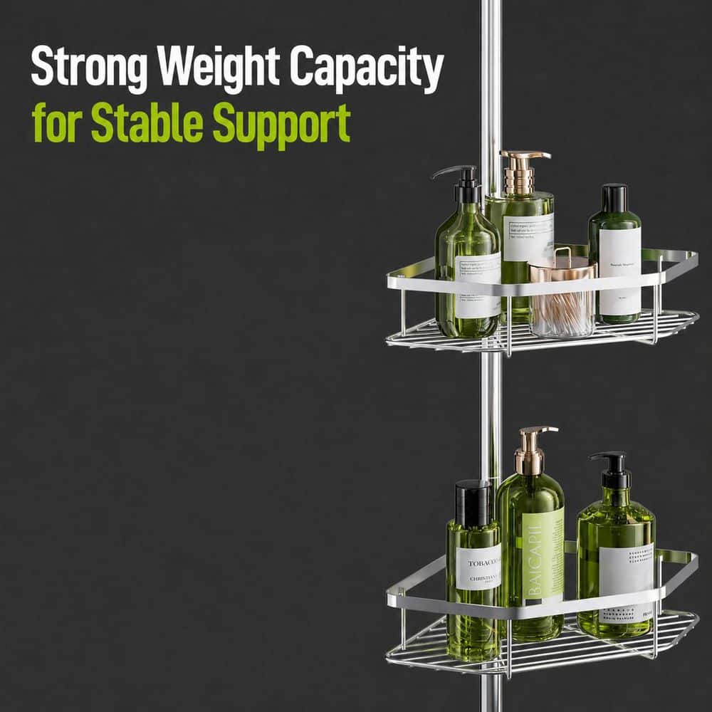 Anqtovp 37.8-124 in Tension Pole Adjustable Rust-Resistant 4-Tier Basket Shower Caddy in Silver with Anti-Slip Base and Hooks (3)