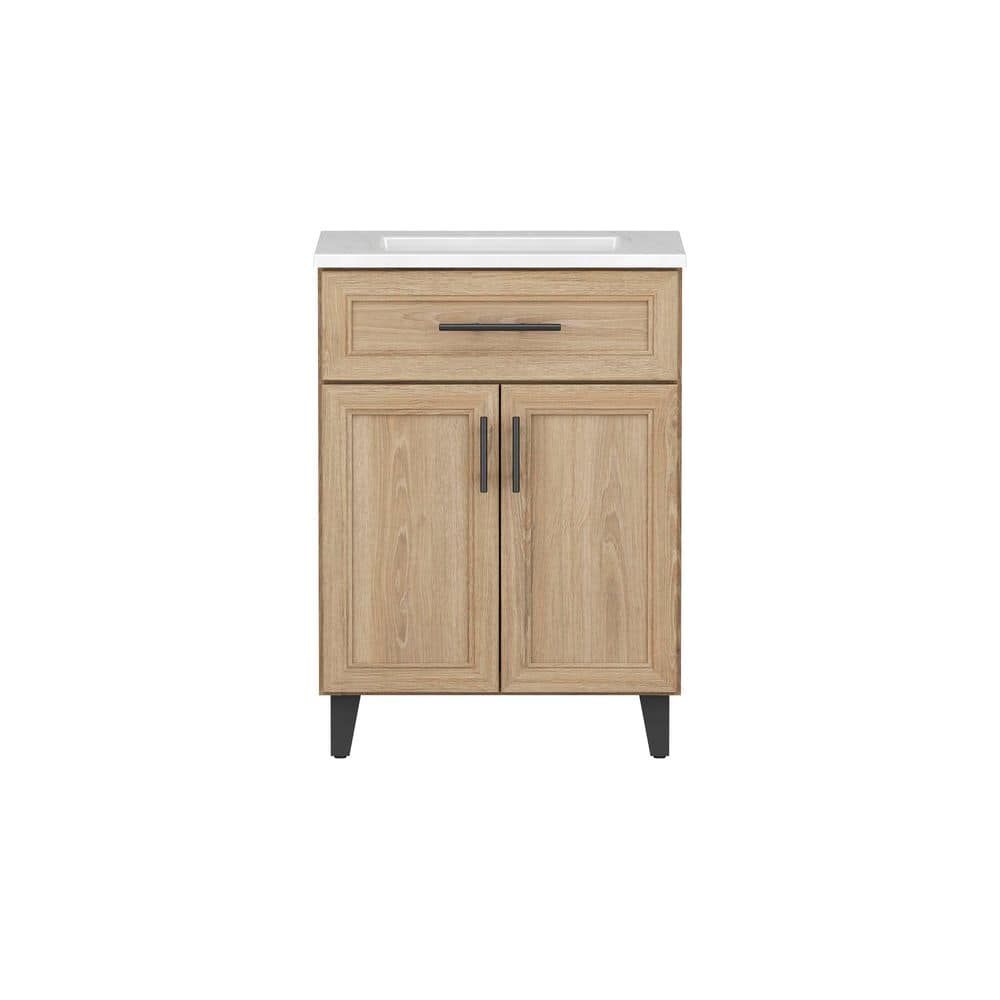 Glacier Bay Cranwood 25 in. Single Sink Freestanding Sandstone Bathroom Vanity with White Cultured Marble Top (Assembled) (3)