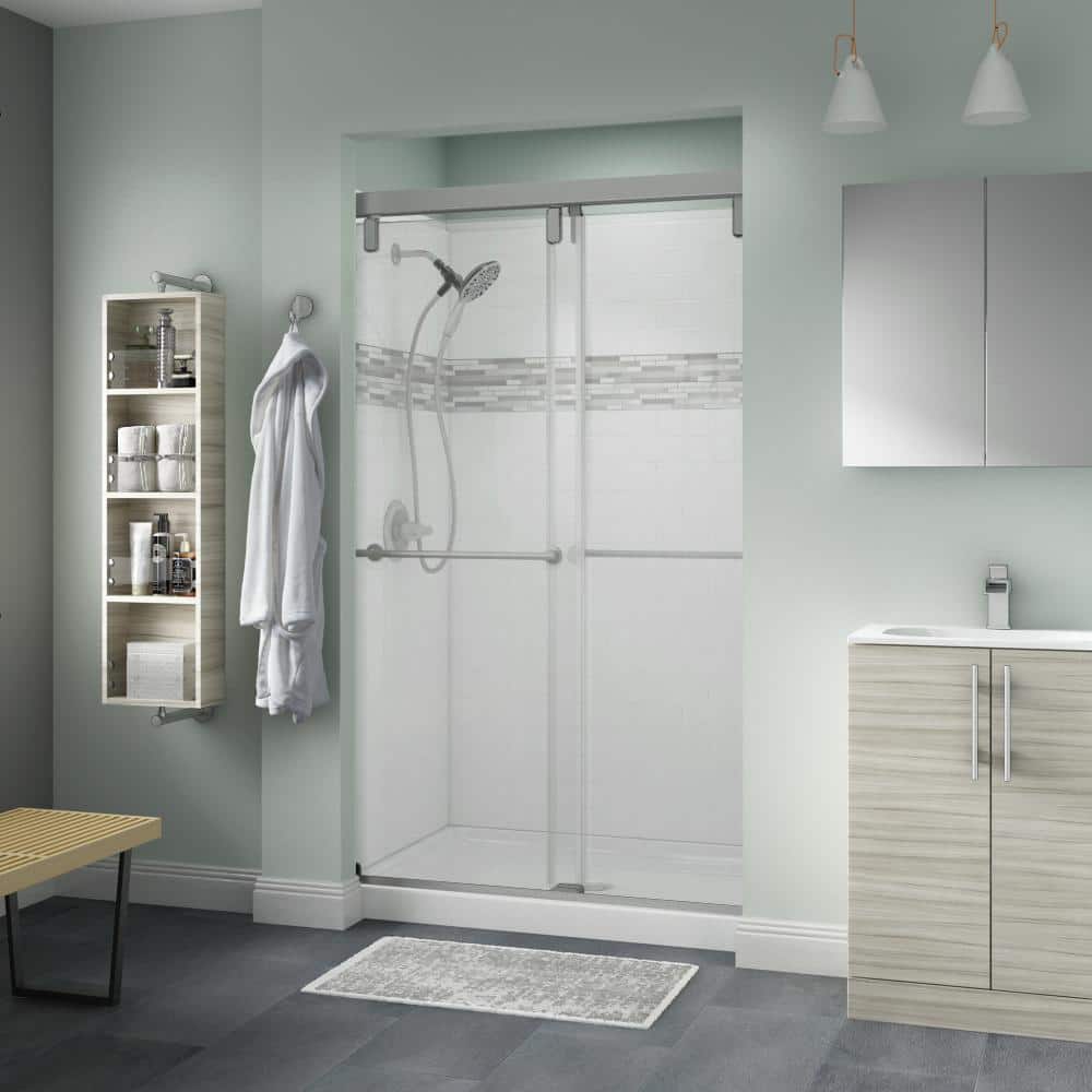 Delta Lyndall Mod 43-3/8 to 47-3/8 in. W x 71-1/2 in. H Soft-Close Frameless Sliding Shower Door, Nickel with Clear Glass