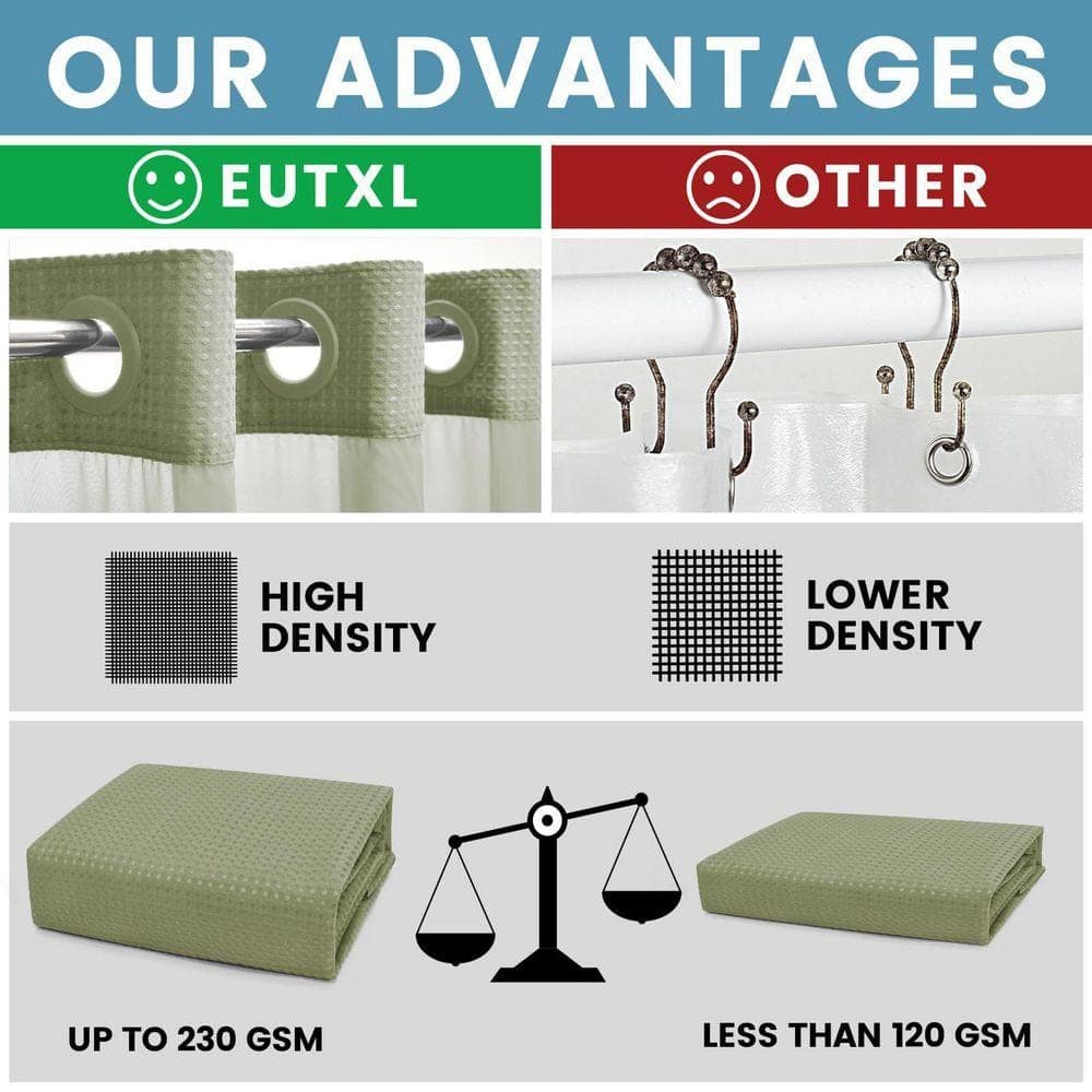 Unbranded 71 in. W x 74 in. L Polyester Shower Curtain Sage Green Waffle Textured Heavy Duty with Snap On Liner and Window (2)