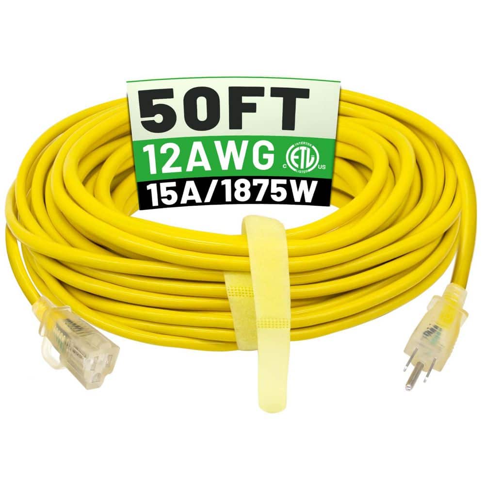BIBIVIS 50 ft. 16 Gauge 12/3 Outdoor Braided Extension Cord, Yellow, with Tri-tap and Dual Lighted End Long Power Cord (1)