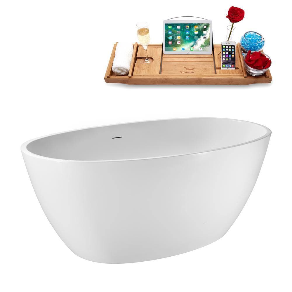 Streamline 59 in. x 32 in. Acrylic Freestanding Soaking Bathtub in Glossy White with Glossy White Drain, Bamboo Tray (2)