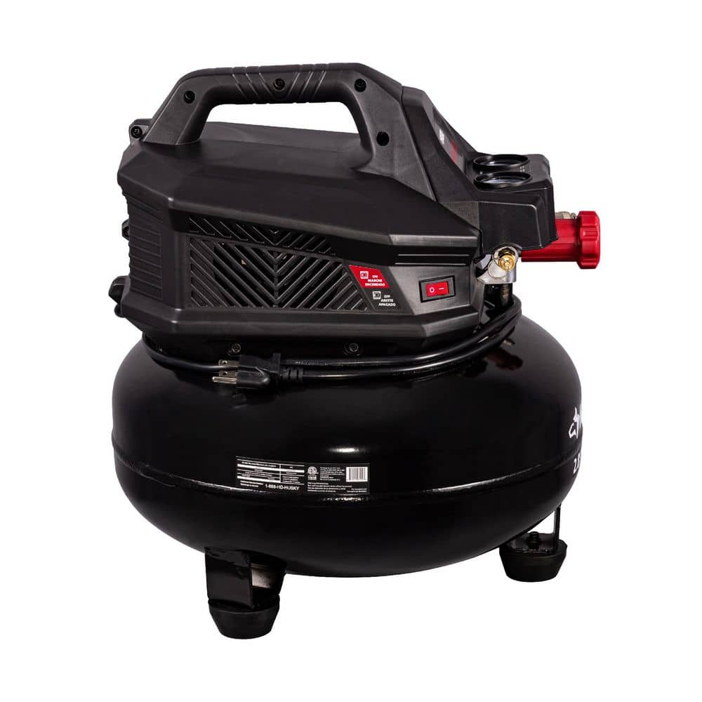 Husky 6 Gal. 150 PSI Portable Electric Oil-Free Jobsite Pancake Air Compressor with Dual Pressure Gauges and 2-Quick Couplers (3)