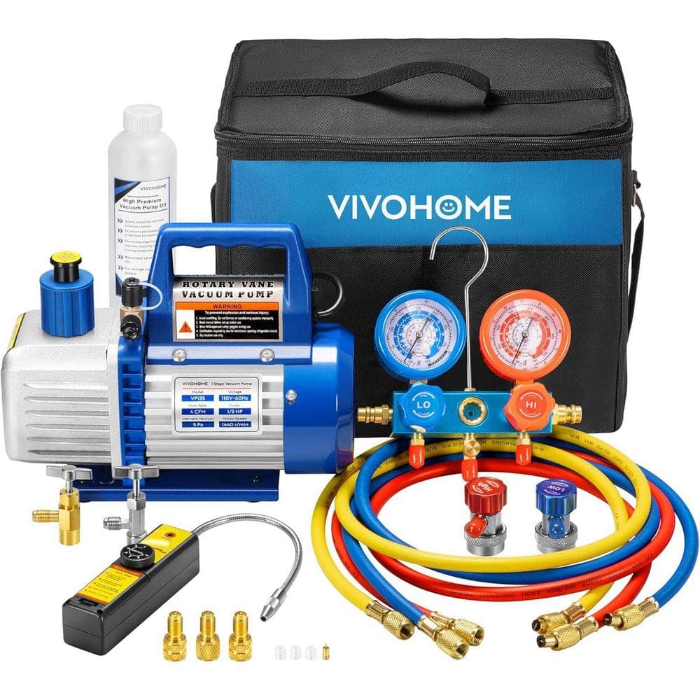 VIVOHOME 110V 1/3 HP 4CFM Single Stage Rotary Vane Air Vacuum Pump and R134a AC Manifold Gauge Set Kit (1)