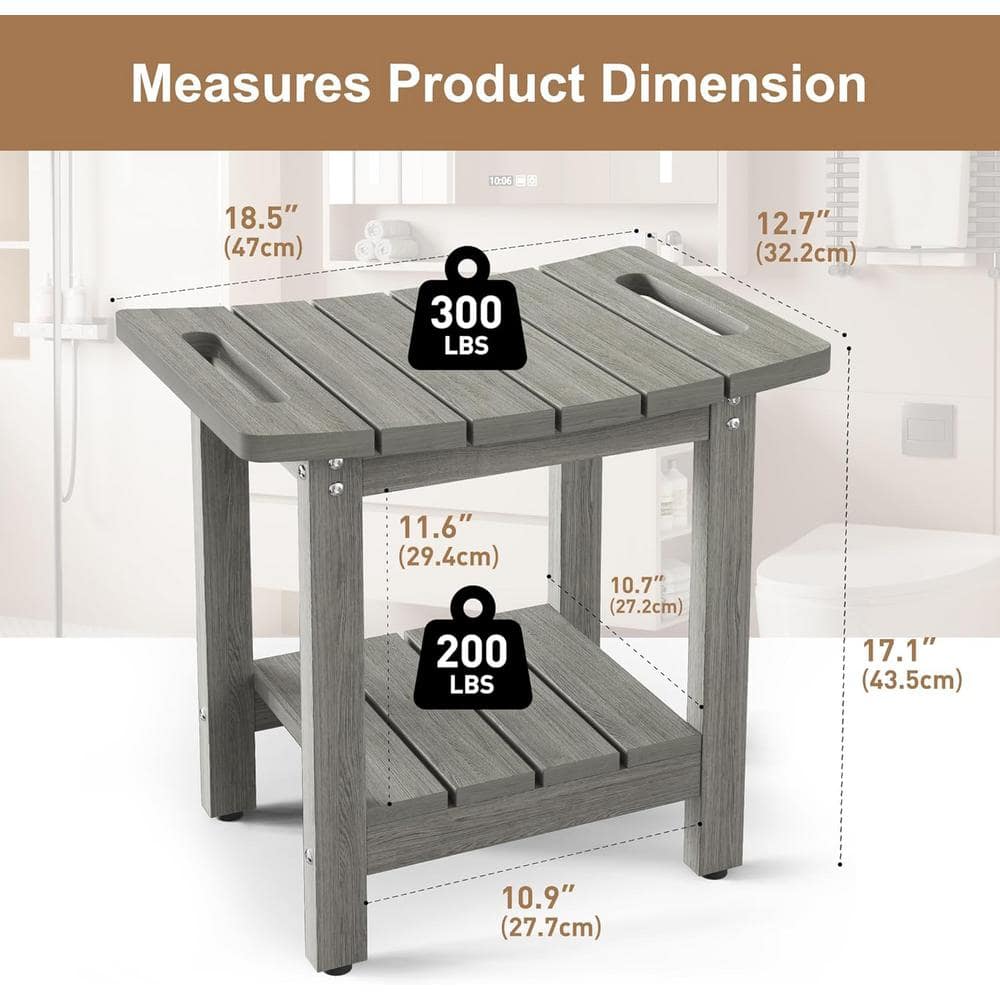 Adrinfly 18.5 in. Waterproof Polystyrene Shower Stool Seat with Space-Efficient Storage Shelf in Light Gray (2)