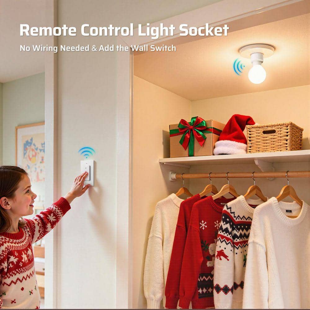 DEWENWILS 120-Volt Remote Control Light Bulb Switch Socket, White with 1-Removable Controller and Bulb Base (2)