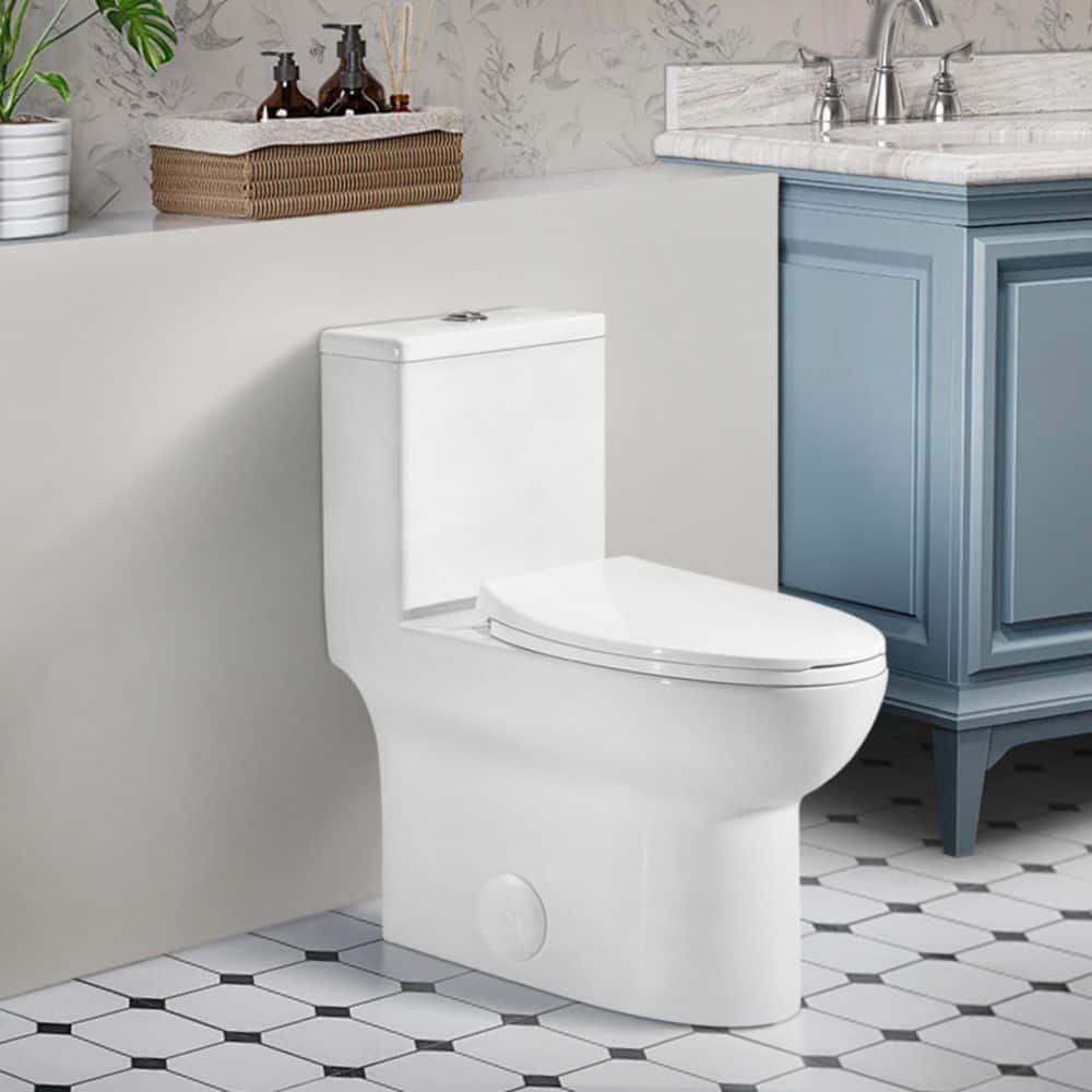 Unbranded 1-piece 1.1/1.60 GPF Dual Flush Elongated Toilet with Soft Close Seat in White
