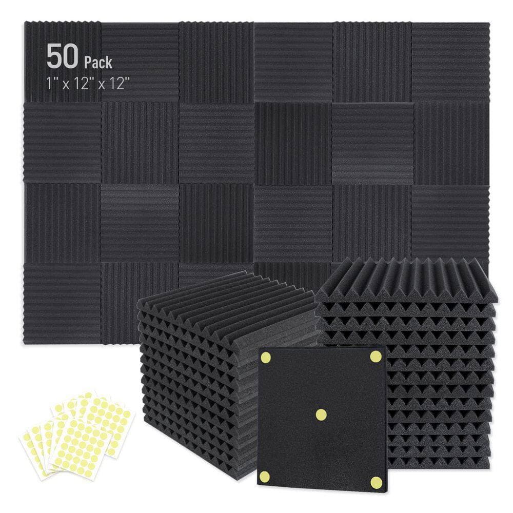NVNOO 1 in. x 12 in. x 12 in. Acoustic Foam Panels with 300-Piece Double-Side Adhesive (50-Pack) (1)