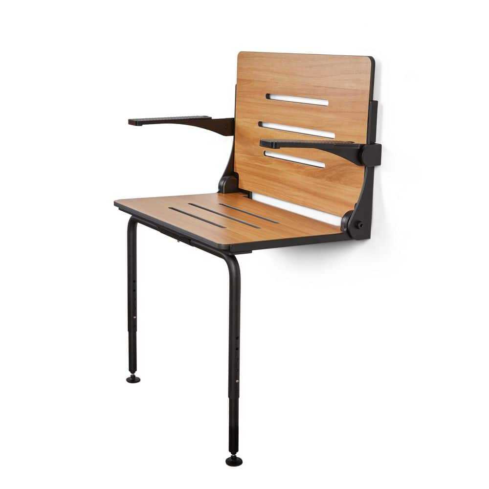 SEACHROME Silhouette Comfort Plus Heavy Duty Folding Wall Mount Shower Chair Seat Phenolic Stainless Steel Teak Black Frame (3)