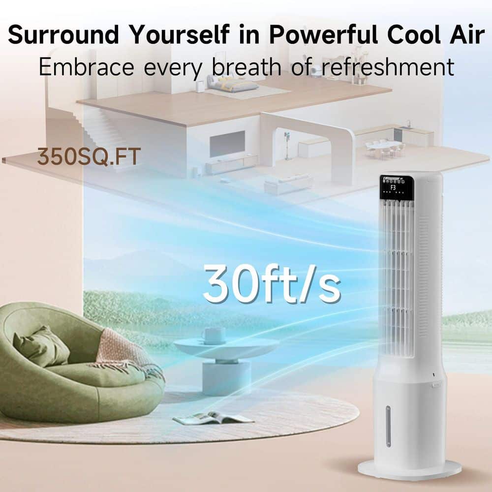 Uthfy 2.4 Gal. 3-Speed Portable Tower Evaporative Cooler 350 CFM Fan with Remote, 50° Oscillation and 4-Ice Packs in White (3)