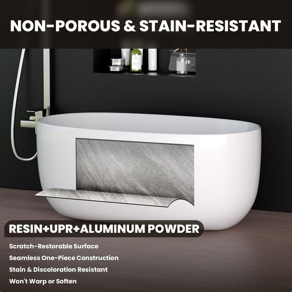 INSTER 51 in. Freestanding Bathtub Resin Stone Soaking Bathtub Solid Surface with Overflow and Pop-up Drain in White (2)