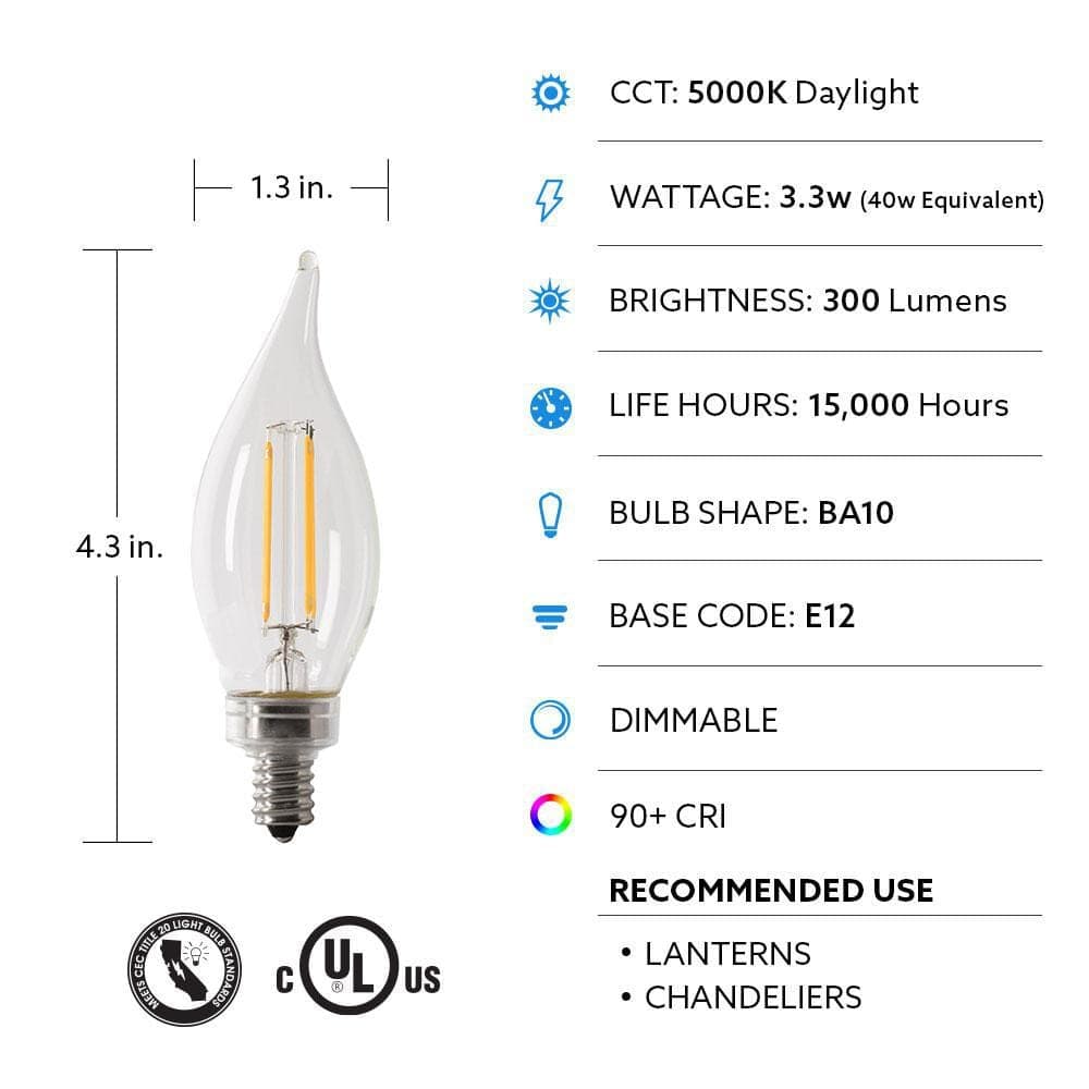 Feit Electric 40-Watt Equivalent BA10 E12 Candelabra Dimmable Filament CEC Clear Chandelier LED Light Bulb Daylight 5000K (4-Pack) (4)