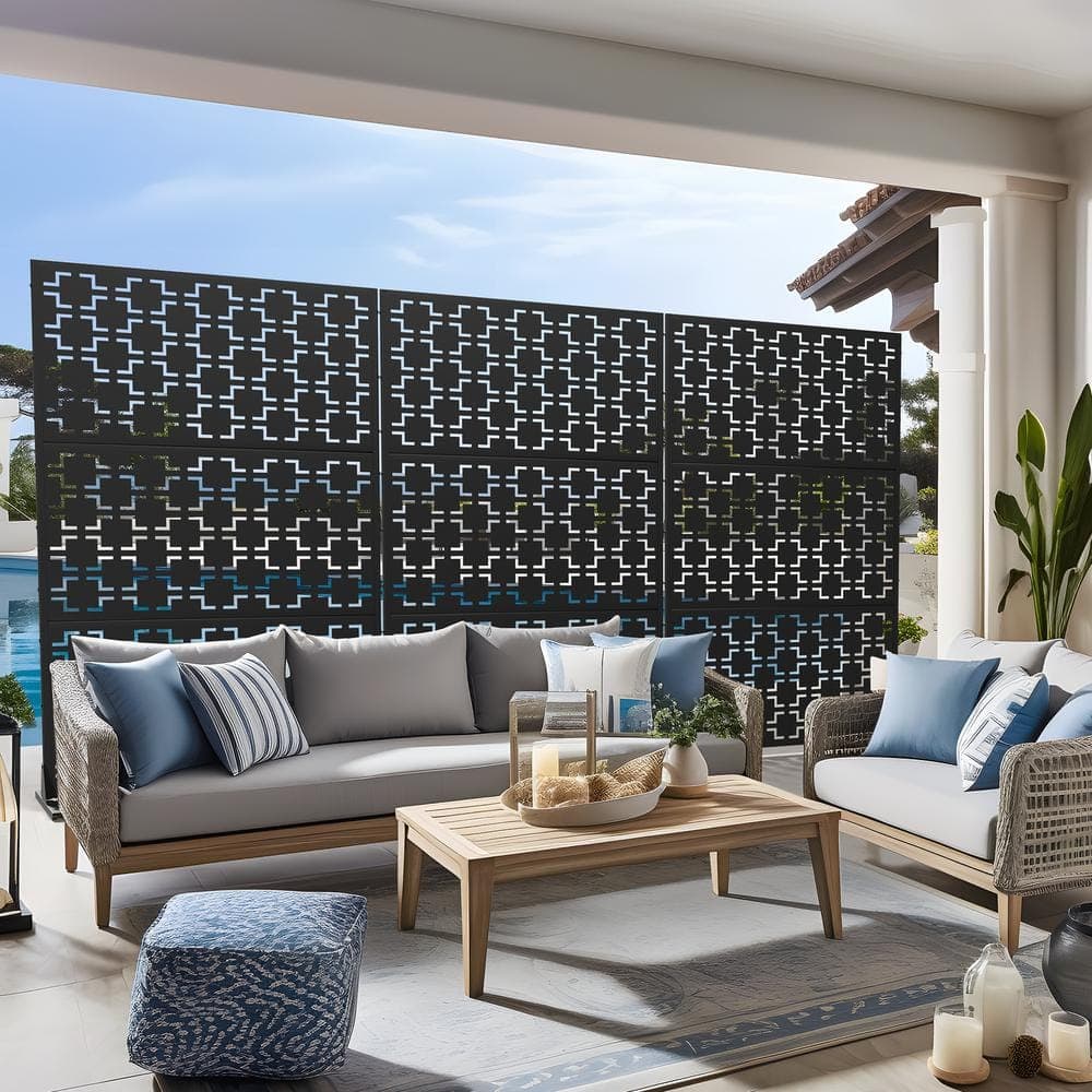 Dovelina 72 in. H x 47 in. W Galvanized Metal Wall Decal Outdoor Privacy Screens Garden Fence Louvered in Black (3)
