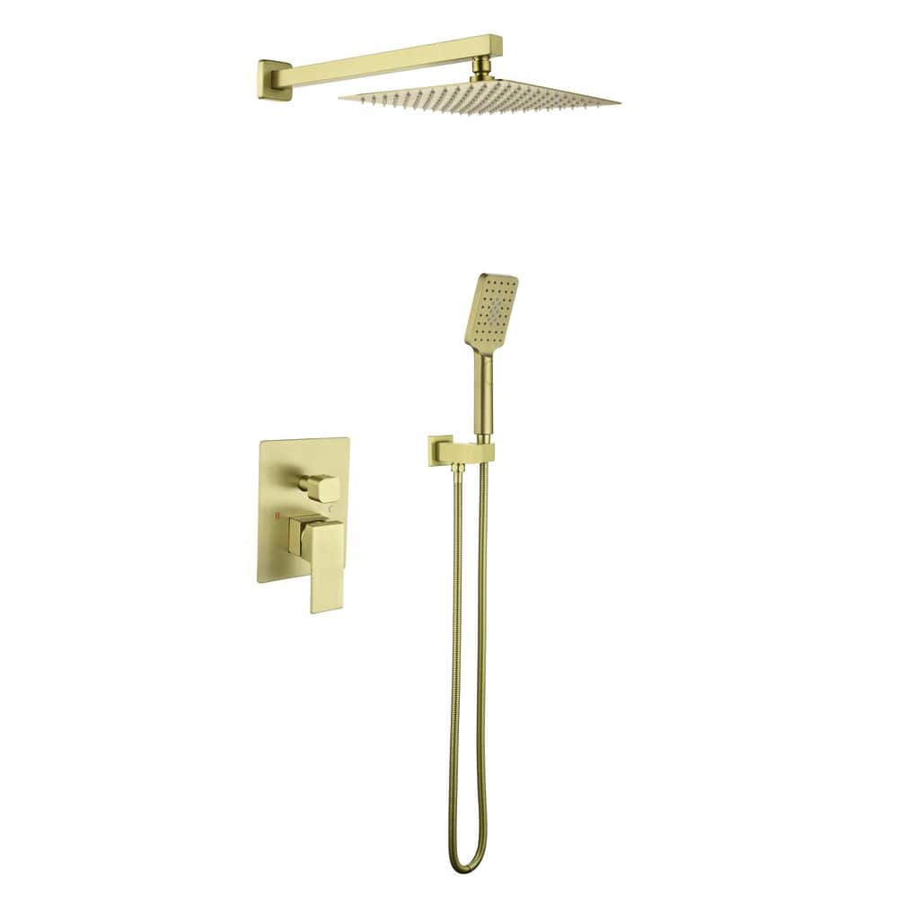 BEARSOLIM Brass Brushed Gold Faucet 1 Jet Shower System 10 in. Rainfall Shower Head with Rough-in Valve Included in Gold (1)