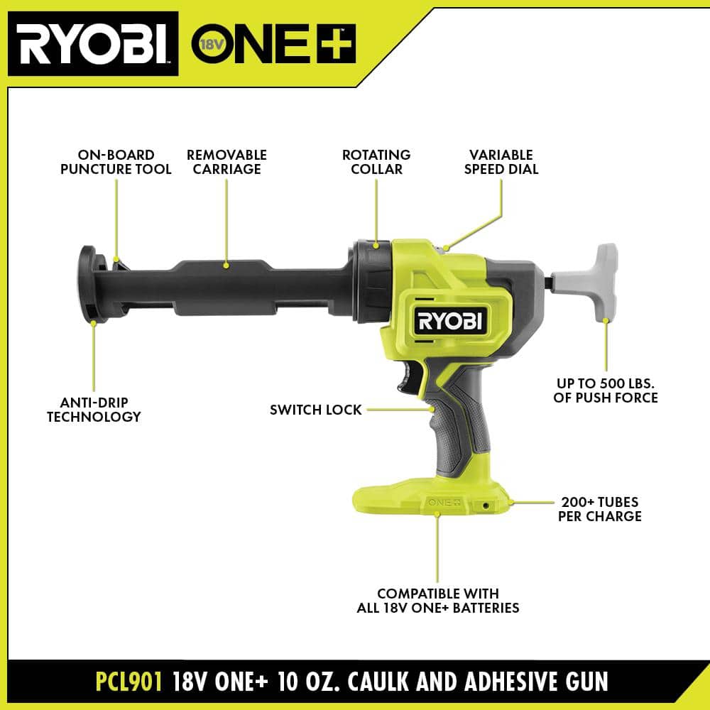 RYOBI ONE+ 18V Cordless 10 oz. Caulk & Adhesive Gun Kit with 1.5 Ah Battery and Charger with 2.0 Ah Battery (3)