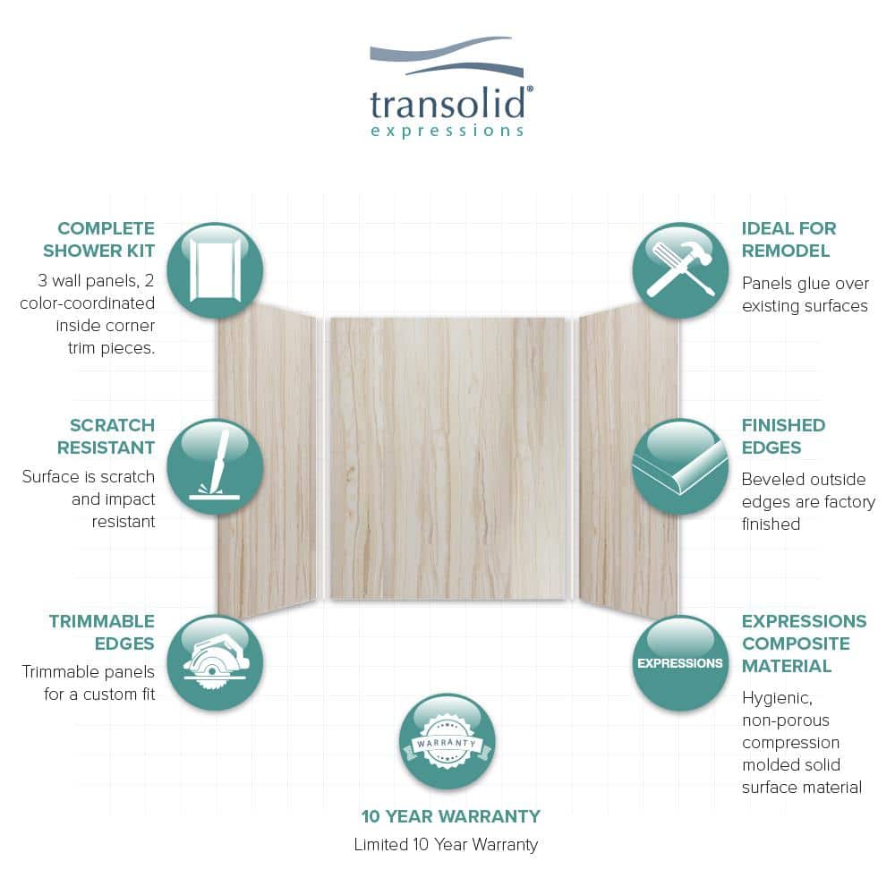 Transolid Expressions 60 in. x 60 in. x 72 in. 3-Piece Easy Up Adhesive Alcove Shower Wall Surround in Sorento (3)