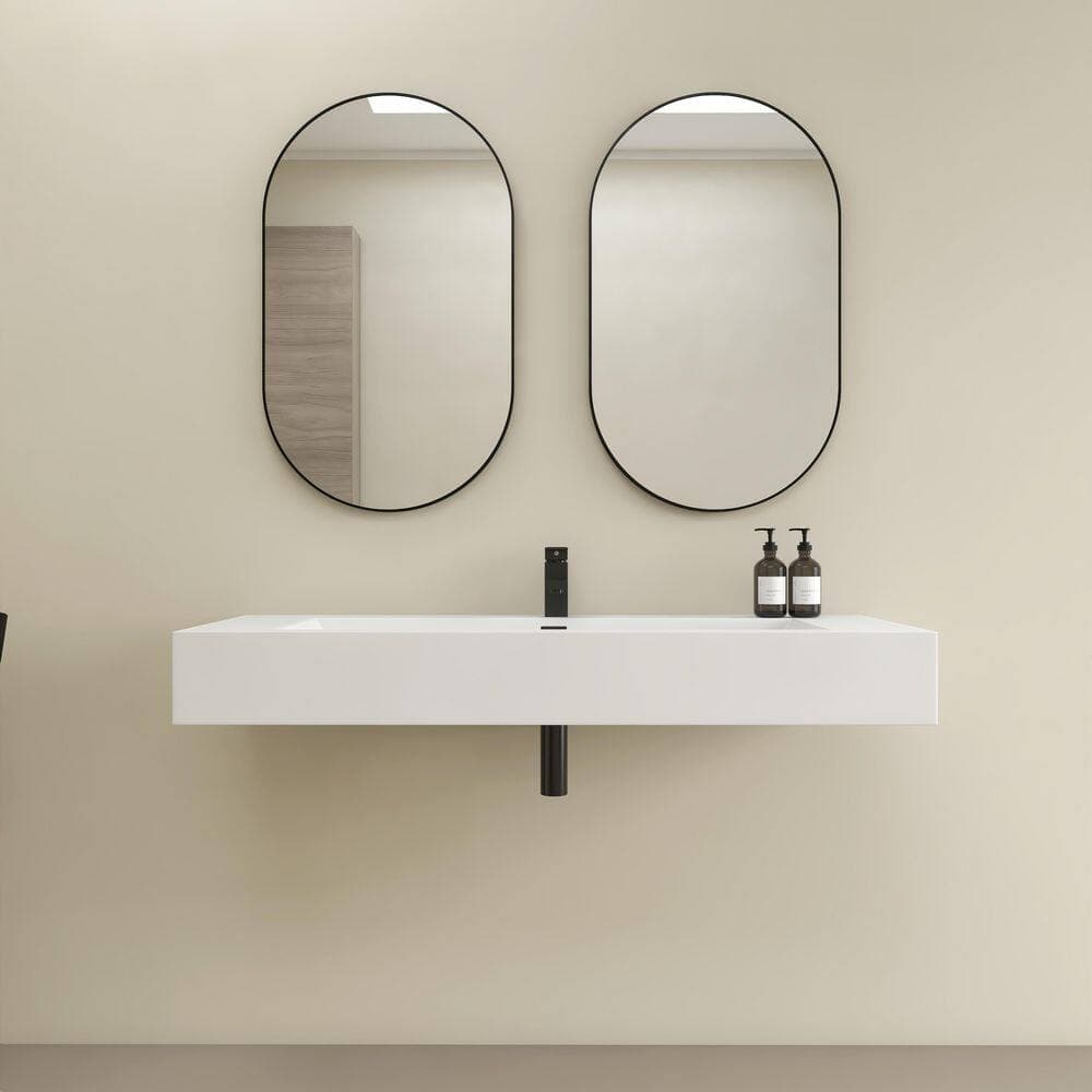HOPROME 48 x 18 in. Solid Surface Wall Mount or Countertop Bathroom Vessel Sink with Single Faucet Holes in Matte White (2)