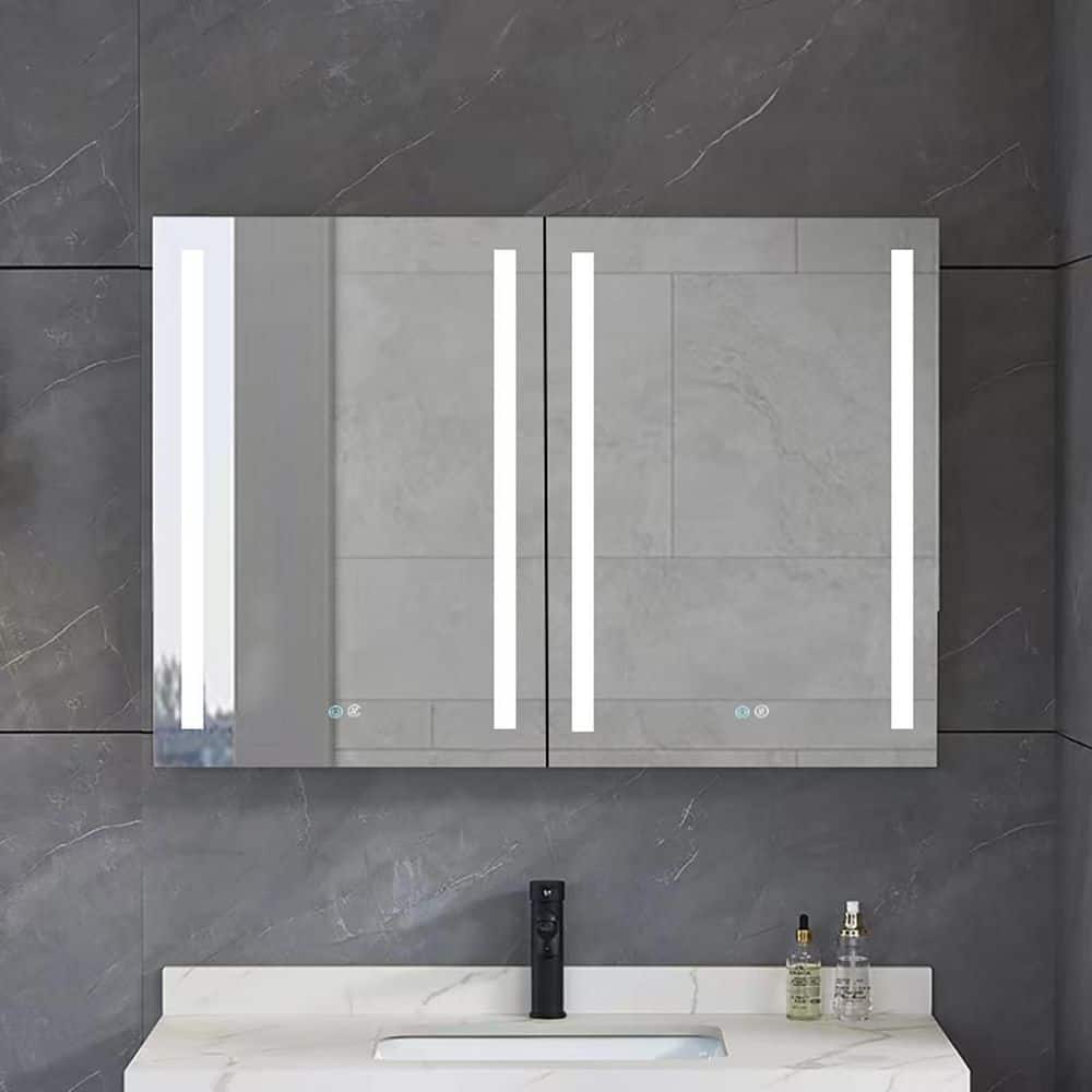 Boyel Living 40 in. W x 30 in. H Large Rectangular Matte Black S5 Aluminum Surface Mount LED Medicine Cabinet with Mirror, Anti-fog