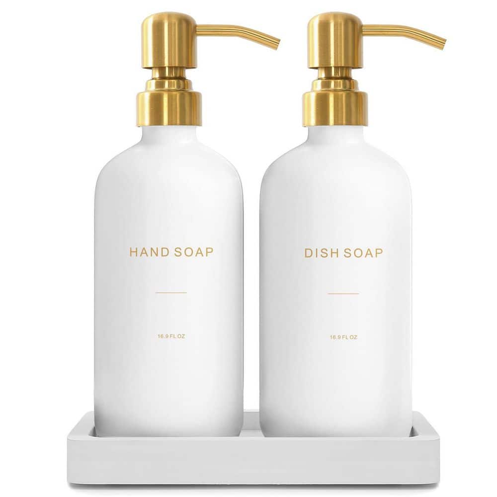 Numhew Modern Minimalist White and Gold Glass Soap Dispenser and Lotion Dispenser Set with Handmade Tray, Stainless-Steel Pump