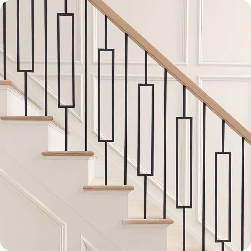 Afoxsos 44x6.1 Wrought Iron Balusters Combine 1/2 Sq. Plain Bar with Single Rectangle Metal Hollow Satin Black 12-Pack (3)