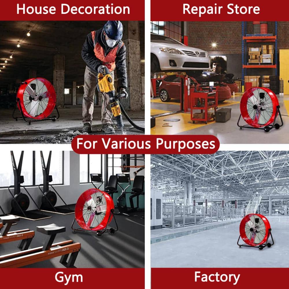WOCK 24 in. Industrial Drum Fan, 3-Speed ​​8100 CFM High Velocity Air Mover for Warehouse, Workshop, Factory – Red (3)