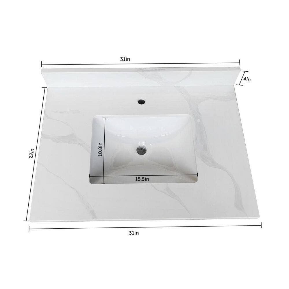 LIVACA 31 in. 22 in. Drop-In Bathroom Sink in Carrara White Quartz with Undermount Single Bowl and 4 Inch Backsplash (2)