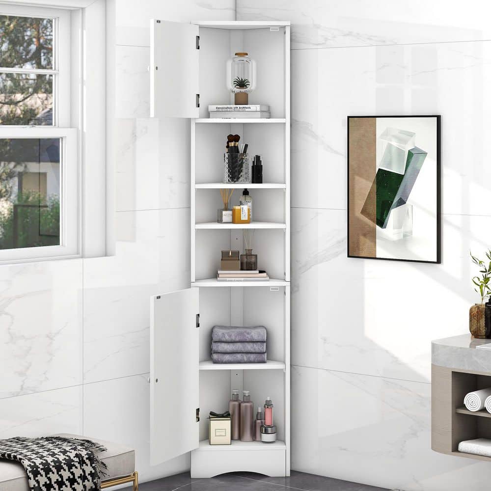 JimsMaison 14.60 in. W x 9.40 in. D x 66.90 in. H White MDF Corner Linen Cabinet with Adjustable Shelves (2)