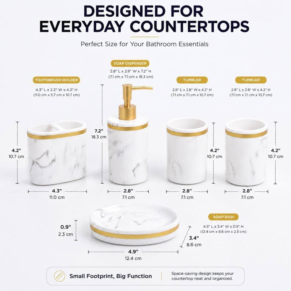 Unbranded 5-Piece Bathroom Accessory Set with Dispenser, Soap Dish, Two Tumblers, and Toothbrush Holder in Marble Pattern (3)