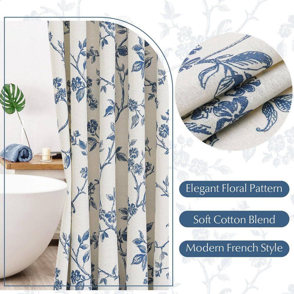 Anqtovp 72 in. W x 72 in. L Cotton Shower Curtain in Blue Floral Cottagecore Modern Farmhouse Country Plant Leaves Set (3)
