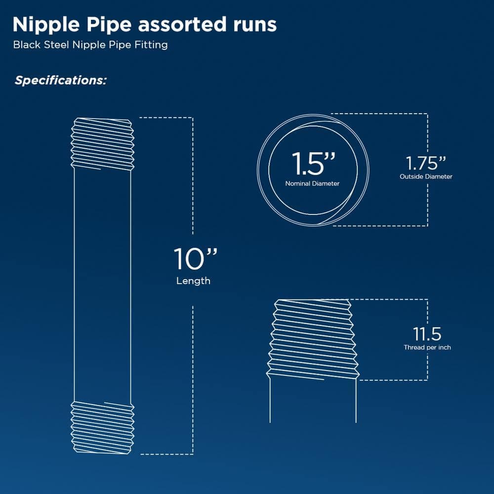 PLUMBFLEX Black Steel Pipe, 1-1/2 in. 10 in. Nipple Fitting (Pack of) (3)