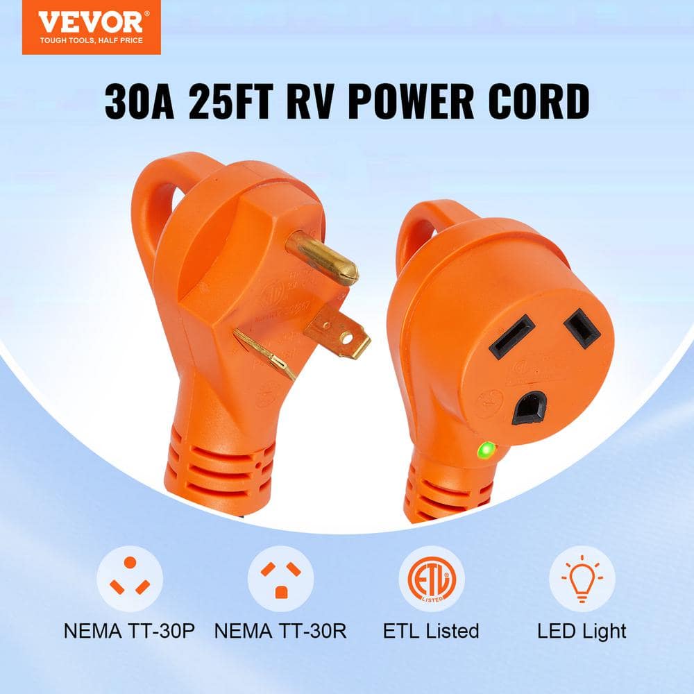 VEVOR Generator Power Cord 25 ft. 30 Amp RV Extension Cord 10*3AWG 125V NEMA TT-30R/NEMA TT-30P ETL Listed with Adapter Black (2)