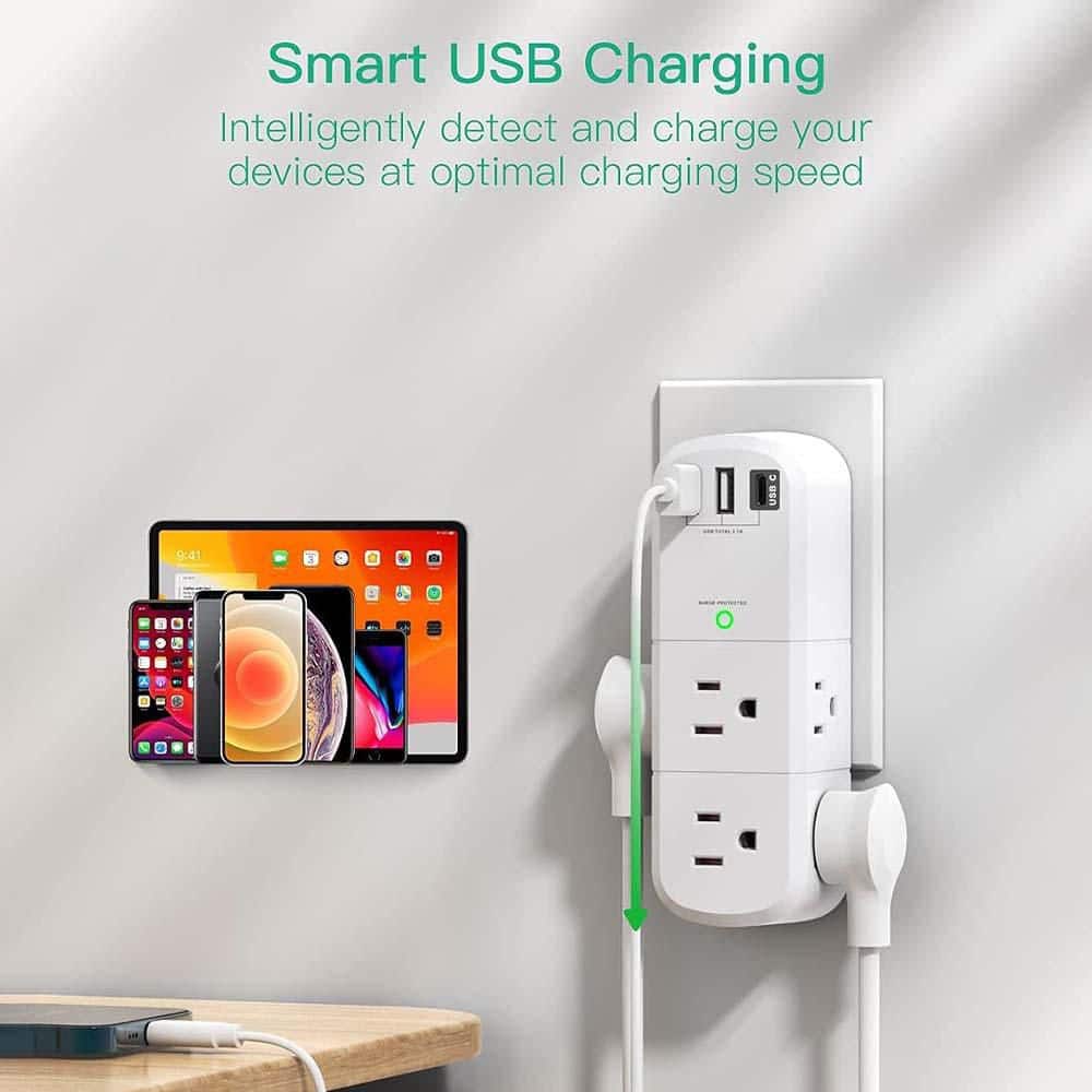Yichuhaoxi Rotating Plug Surge Protector 6-Outlet 2-Ports 1-Ports with 1800 Joules 3-Sided Splitter USB Extender for Travel (3)