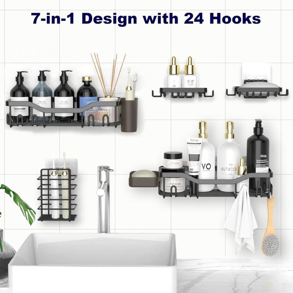 Whatseaso 12.6 in. Stainless Steel Wall Mounted Shower Caddy 7-Pack with Soap Holder and Hooks in Black (3)