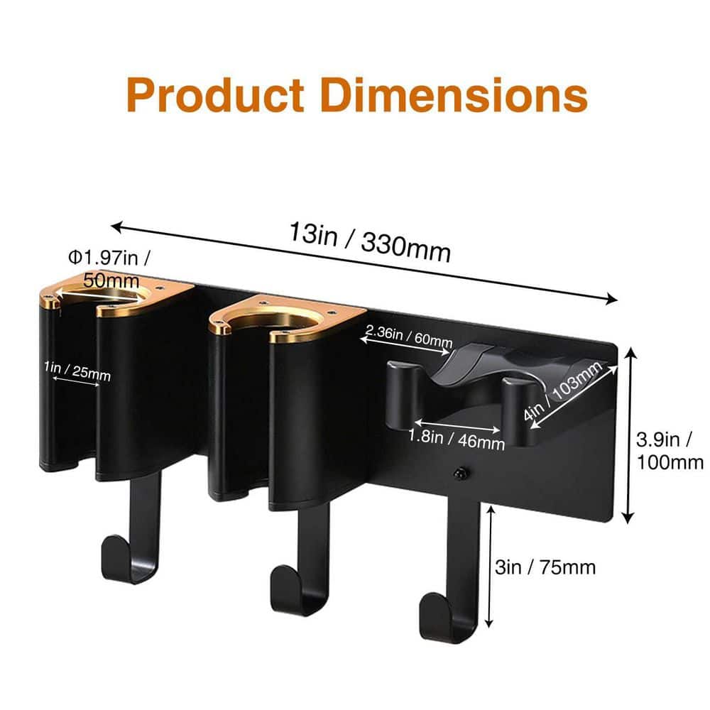 Anqtovp Black Gold 13 in. Wall Mount Installation Hair Tool Organizer in Aluminum Alloy Finish for Hair Dryer Curling Iron (3)