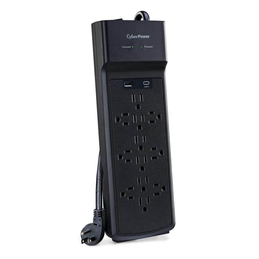 CyberPower 12-Outlet Surge Protector with USB-A and USB-C, 8 ft. Cord, 3000 Joules, Black (3)