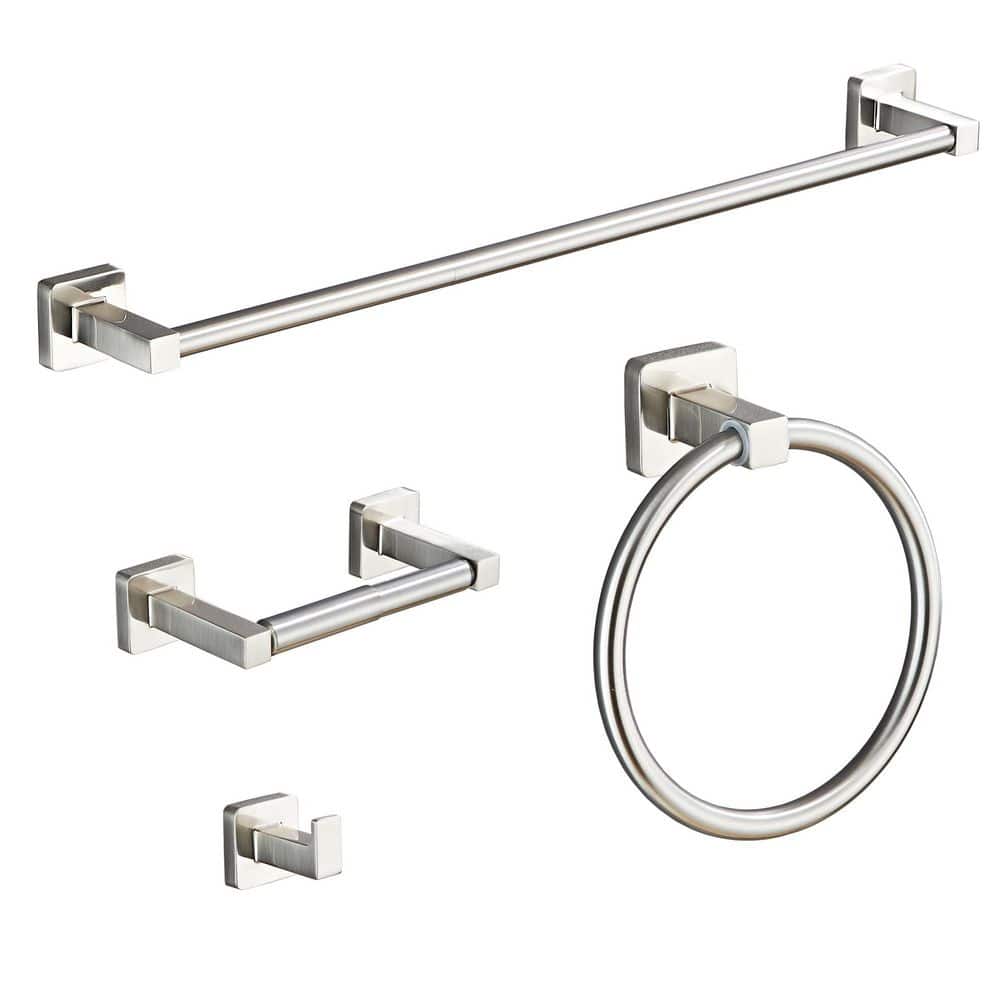 KHKFY Brushed Nickel 4-Piece Bathroom Hardware Set, 23.6 Inch Towel Bar, Ring, Hooks and Toilet Paper Holder, Stainless Steel (1)
