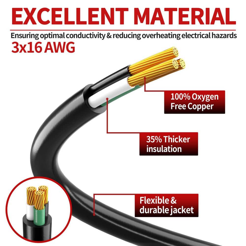Unbranded 50 ft. 1625 Watt 16AWG 1-Conductor SJTW Outdoor Extension Cord Waterproof Weatherproof Flame Retardant Black Lighted End (2)