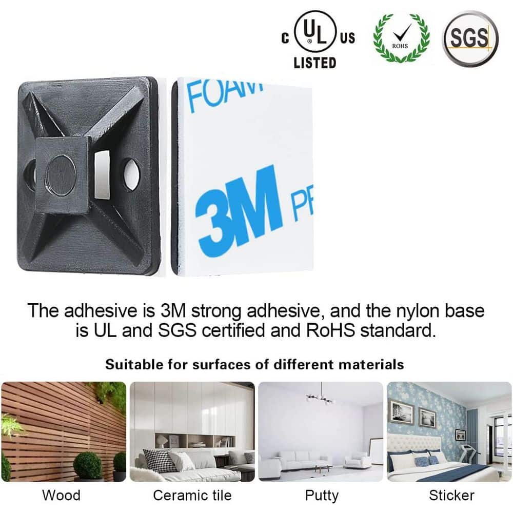 Yichuhaoxi Strong Back-Glue 3/4 in. Cable Zip Tie Mounts, UV-Protected Black, 100-Pack with Screws for Outdoor Wire Clips Organizer (2)